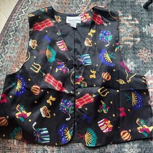 Vintage 1980s Diane Von Furstenberg Novelty Print Vest Frog Closure Size Large